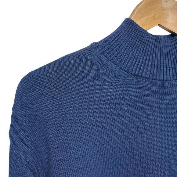 On 34th Minimalist White Navy Blue Coastal Stripes Mock Neck Knit Sweater, Small - Picture 4 of 10